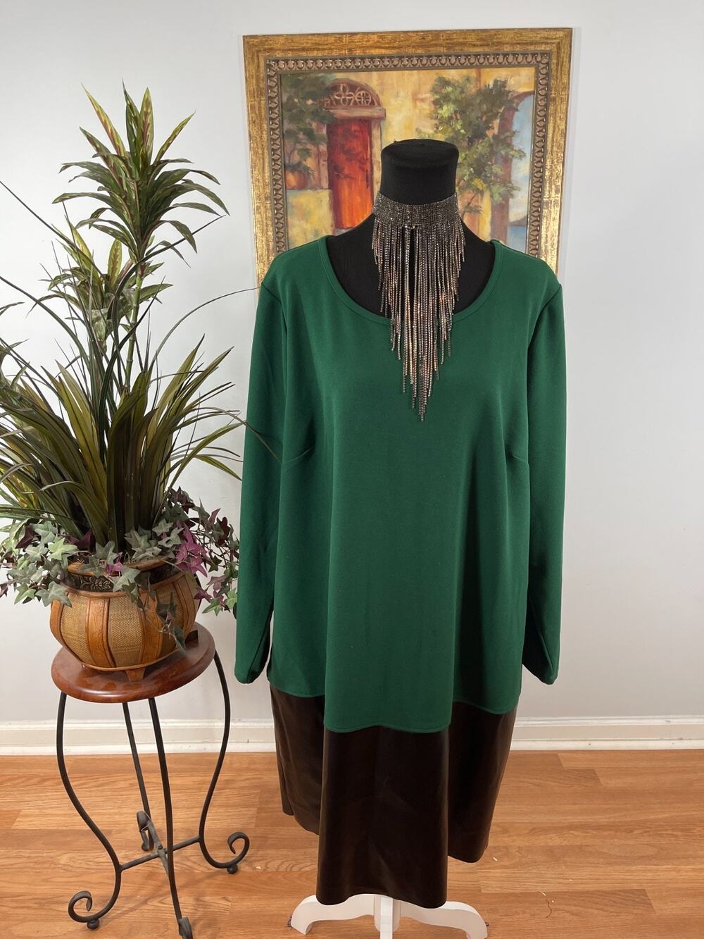 Nina Leonard Tunic Dress Women 2X Green Black Faux Leather Hem Modern Minimalist